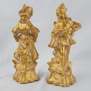 Vintage 1966 Gilded Ceramic Couple Statues French Baroque Romantic Shelf Decor